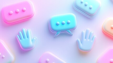 Wall Mural - Colorful 3D rendered chat bubbles and hands on a light blue background.