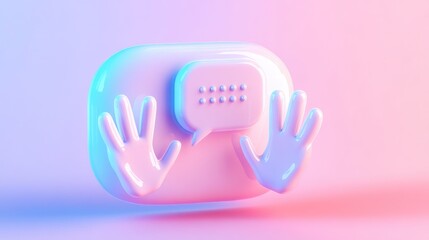 Wall Mural - 3D render of a pink chat icon with two pink hands on either side, on a gradient pink and blue background.