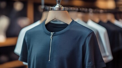 Close up of a blue zippered t-shirt on a hanger in a retail store.