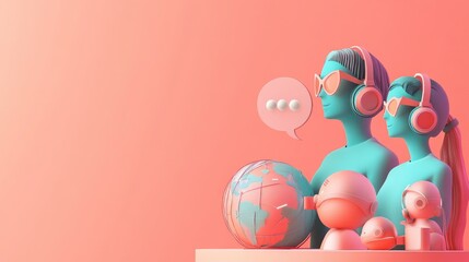 Wall Mural - 3D render of two figures wearing headphones and sunglasses, holding a globe.