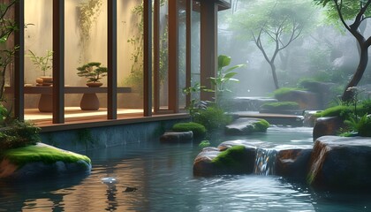 Sticker - Serene tea room adorned with running water, lush plants, stones, and moss, enveloped in mist, offering a cozy escape with views of bustling streets outside