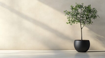 Poster - Small potted tree on a white floor against a cream textured wall.