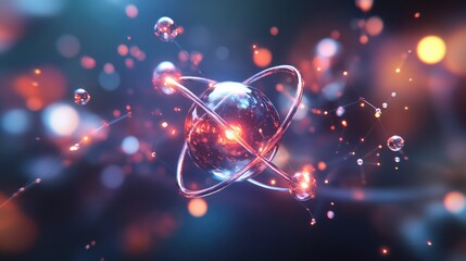 Wall Mural - 3d rendering of an atom with glowing particles and connected lines.