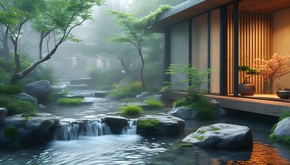 Wall Mural - Serene tea room adorned with running water, lush plants, stones, and moss, enveloped in mist, offering a cozy escape with views of bustling streets outside