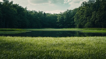 Wall Mural - Tranquil forest pond with lush green foliage and grass blowing gently in the wind.