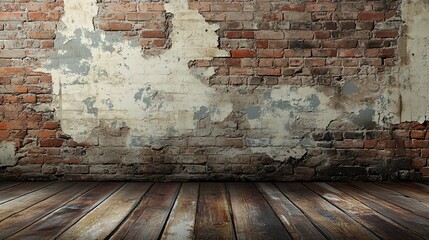 Poster - Weathered brick wall and wood floor with peeling paint.