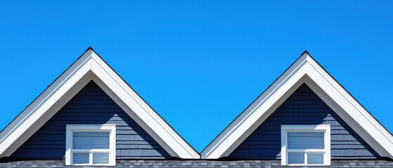 Two dormers with white trim and windows against a blue sky.