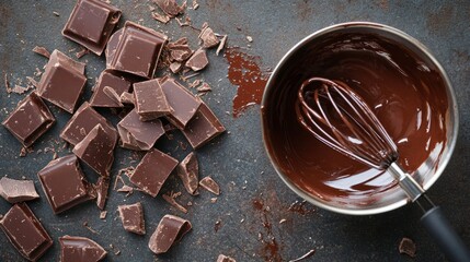 Chopped chocolate bars and chunks next to a whisk dripping with smooth dark chocolate generative ai