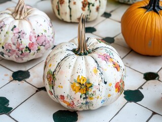 Sticker - Decorative pumpkins with floral designs and paint splatters on a tiled surface