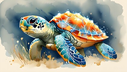 Wall Mural - Boho-Inspired Watercolor Cartoon Collection Featuring Adorable Baby Turtles