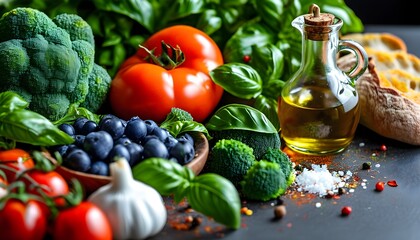 Wall Mural - Vibrant Fresh Ingredients Spread with Olive Oil and Spices, Featuring Tomatoes, Basil, Broccoli, Blueberries, Onions, and Bread on a Rustic Table