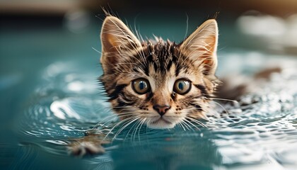 Wall Mural - playful tabby kitten enjoying a refreshing swim in the pool during a sunny summer day