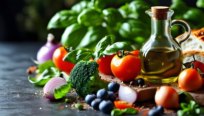 Wall Mural - Vibrant Fresh Ingredients Spread with Olive Oil and Spices, Featuring Tomatoes, Basil, Broccoli, Blueberries, Onions, and Bread on a Rustic Table