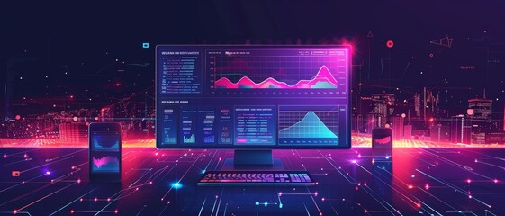 Wall Mural - A futuristic digital workspace displays vibrant charts and data analytics, surrounded by glowing elements representing advanced technology and connectivity.