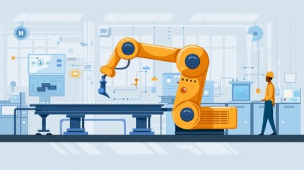 Wall Mural - A robotic arm operates in a modern factory setting, showcasing automation and advanced manufacturing technology.