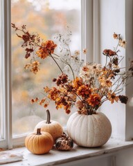 Sticker - Autumn Decor with Pumpkins and Flowers on Window Sill