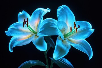 Two blue flowers with green stems, generative ai image