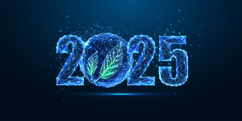 Wall Mural - 2025 sustainable New Year concept with glowing 2025 digits and green leaves inside transparent ball 