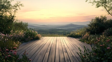 Sticker - Wooden Deck overlooking a valley and mountain landscape at sunset with wildflowers in the foreground.