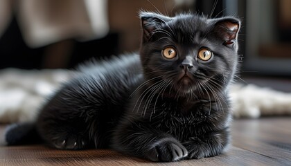 Wall Mural - Charming black Scottish kitten displaying adorable curiosity and playfulness, embodying the essence of a lovable and cuddly domestic companion