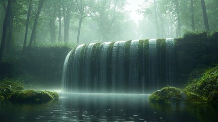 Poster - Serene Waterfall in a Misty Forest - Nature Photography