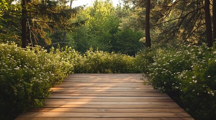 Wall Mural - Wooden path through green bushes in a forest.