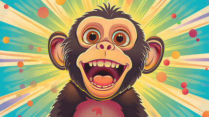 A cute cartoon chimpanzee smiles with its mouth wide open against a colorful background.