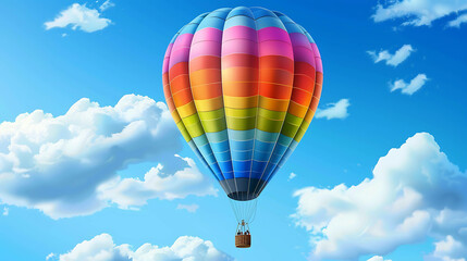 A colorful hot air balloon floats high in a blue sky with puffy white clouds.