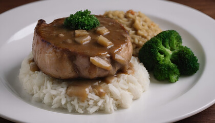 Wall Mural - pork chops smothered in onion gravy with rice