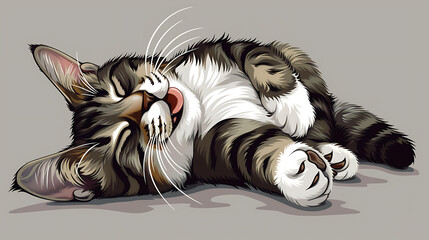 Wall Mural - Cute tabby cat laying down with tongue out, relaxing in a funny pose.