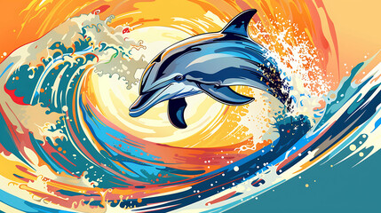 Wall Mural - A colorful dolphin leaps out of a swirling wave.