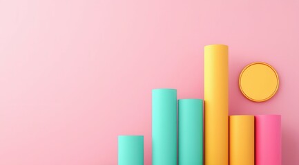 Colorful cylindrical shapes arranged in a bar graph style on a soft pink background, complemented by a circular element.