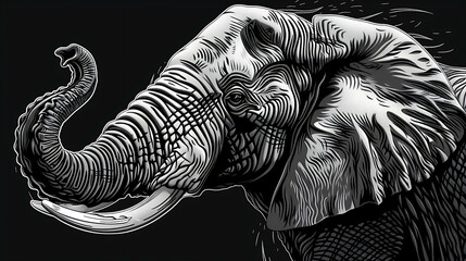 A detailed black and white illustration of an elephant's head. The drawing captures the animal's powerful presence and intricate features.