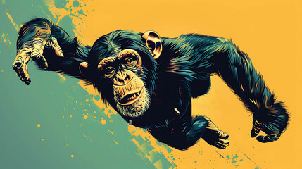 Wall Mural - A chimpanzee with a mischievous grin leaps through the air, a colorful backdrop of splattered paint behind it.