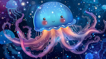 A cute cartoon jellyfish with a big smile and glowing tentacles swims in a dark blue ocean with shimmering lights.