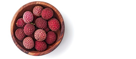 Poster - Fresh Lychee In Wooden Bowl Isolated On White Background Top View