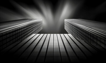 Abstract architectural photograph of two towering buildings reaching for the sky.