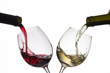 Red and white wine being poured into two wine glasses against a white background.