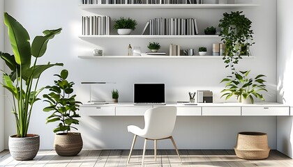 Serene minimalist home office featuring a sleek white desk, laptop, chair, and lush indoor plants for a productive environment.