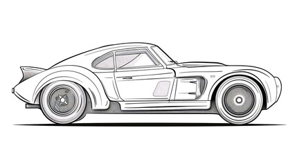 Black and white line drawing of a classic sports car, viewed from the side.