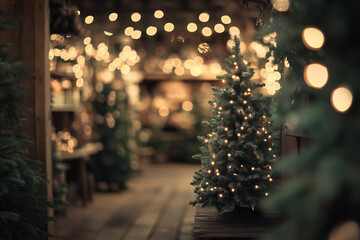 Festive Christmas market with Christmas trees, ornaments and decorations