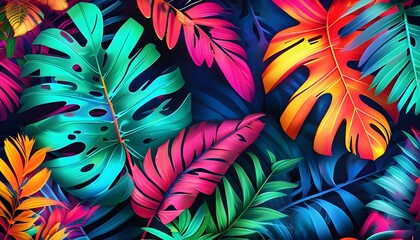 Wall Mural - Neon Tropical Leaves Creating a Dynamic Pattern for Modern Backgrounds and Creative Designs