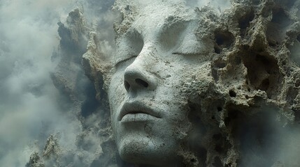 Stone Face Emerging from Mist: A Surreal Digital Art