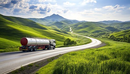 Tanker Truck Driving Through Rolling Hills