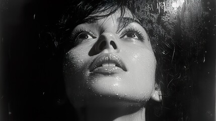 Wall Mural - Black and White Portrait of a Woman with Water Drops on Her Face