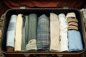 Neatly packed suitcase featuring rolled shirts and clothing essentials for travel organization