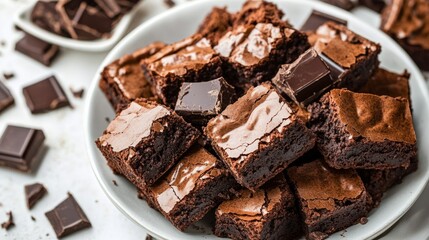 Rich chocolate brownies with chunks of dark chocolate, served on a white dish generative ai