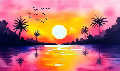 Wall Mural - Watercolor painting of a sunset over a calm lake with palm trees silhouetted against the sky.