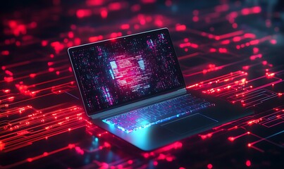 Aufkleber - Laptop with Holographic AI Interface Emerging Amid Digital Circuits and Binary Code