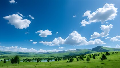 Wall Mural - Lush green hills beneath a vivid blue sky adorned with fluffy clouds and scattered trees in a serene landscape